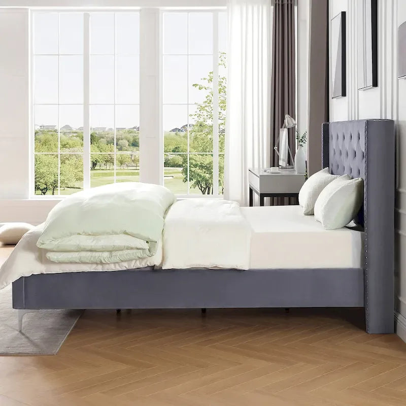 Base de cama tapizada en terciopelo tamaño queen con patas de metal de 6 pulgadas