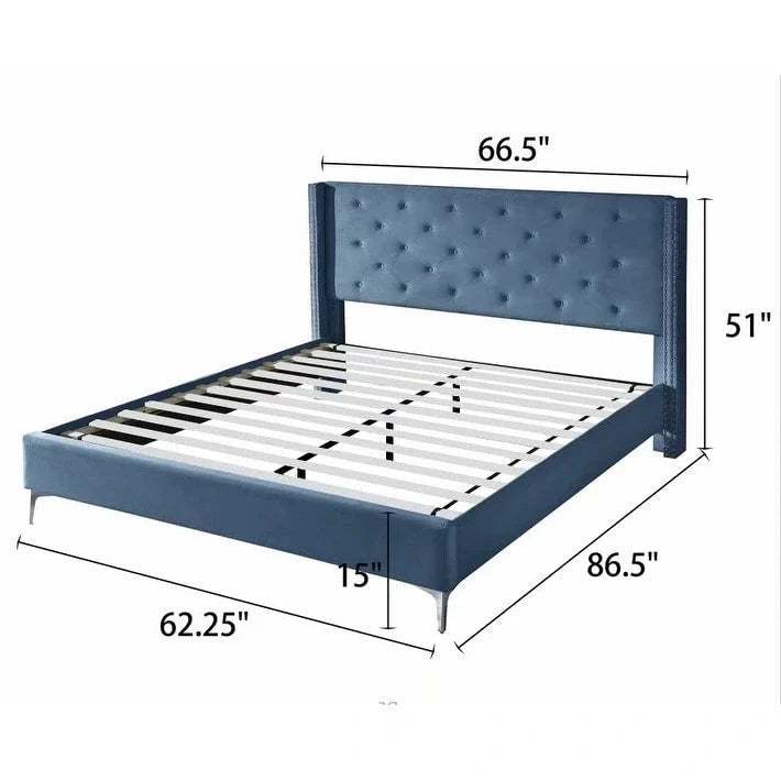 Base de cama tapizada en terciopelo tamaño queen con patas de metal de 6 pulgadas