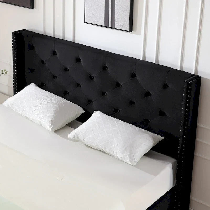 Base de cama tapizada en terciopelo tamaño queen con patas de metal de 6 pulgadas