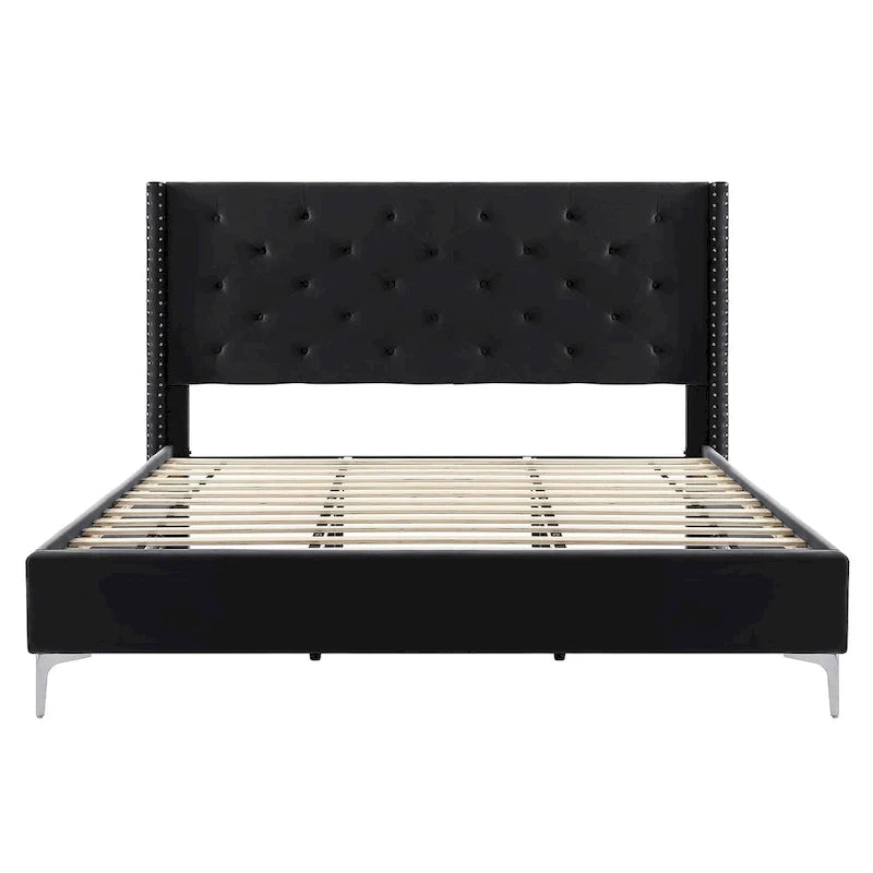 Base de cama tapizada en terciopelo tamaño queen con patas de metal de 6 pulgadas