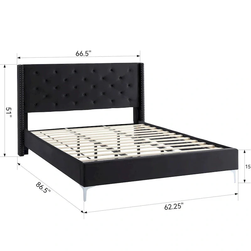 Base de cama tapizada en terciopelo tamaño queen con patas de metal de 6 pulgadas