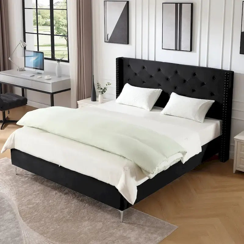 Base de cama tapizada en terciopelo tamaño queen con patas de metal de 6 pulgadas