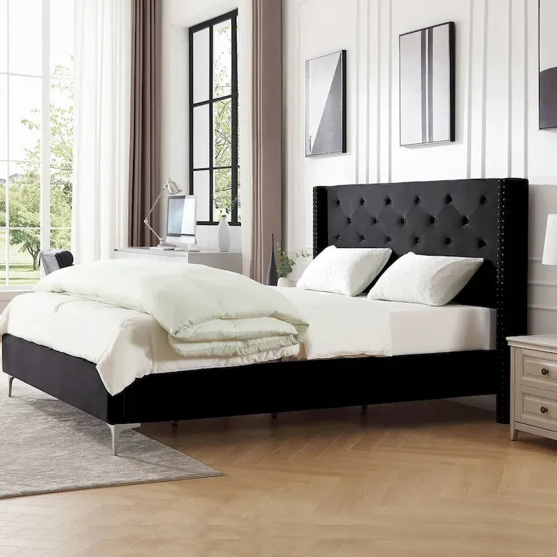Base de cama tapizada en terciopelo tamaño queen con patas de metal de 6 pulgadas