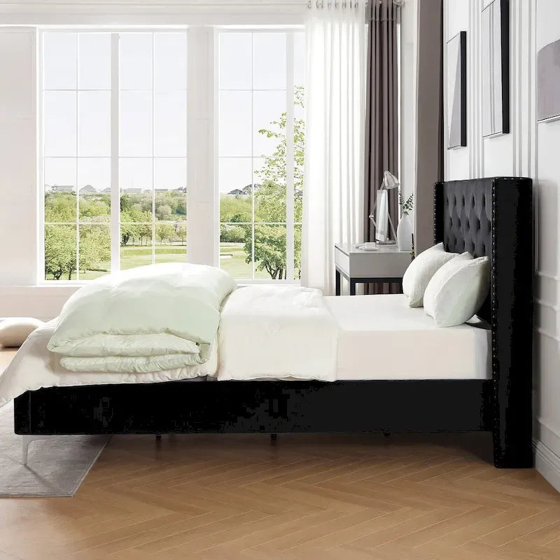 Base de cama tapizada en terciopelo tamaño queen con patas de metal de 6 pulgadas