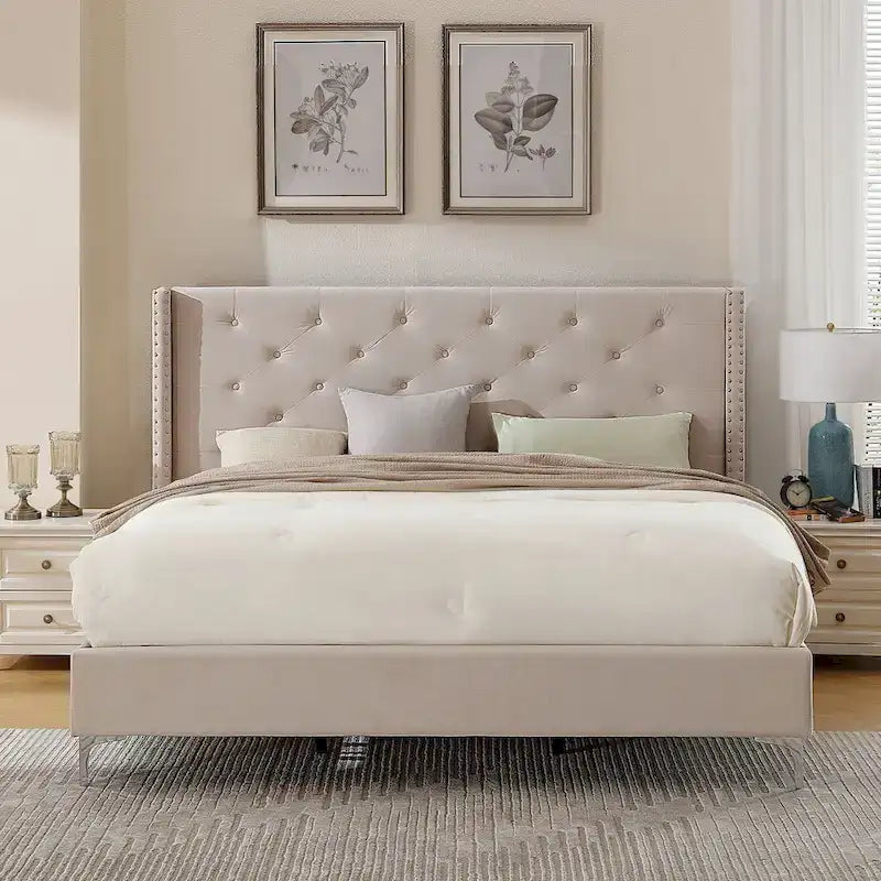 Base de cama tapizada en terciopelo tamaño queen con patas de metal de 6 pulgadas