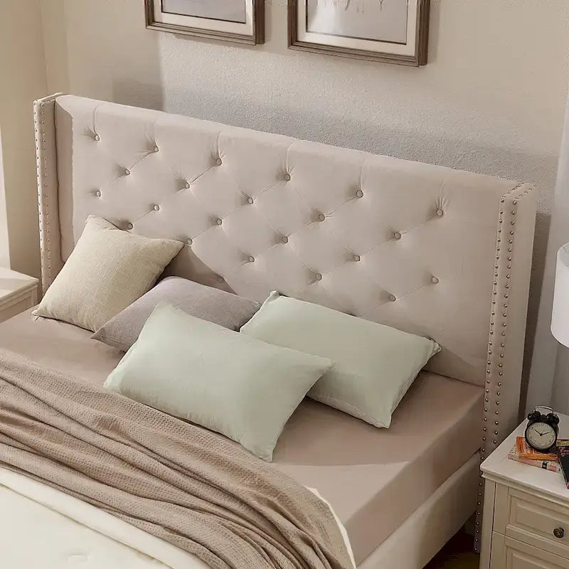 Base de cama tapizada en terciopelo tamaño queen con patas de metal de 6 pulgadas
