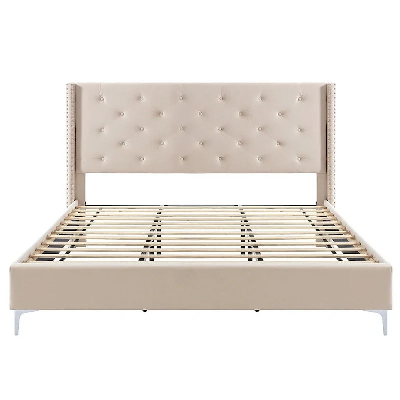 Base de cama tapizada en terciopelo tamaño queen con patas de metal de 6 pulgadas