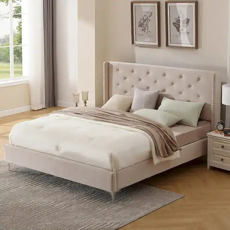 Base de cama tapizada en terciopelo tamaño queen con patas de metal de 6 pulgadas