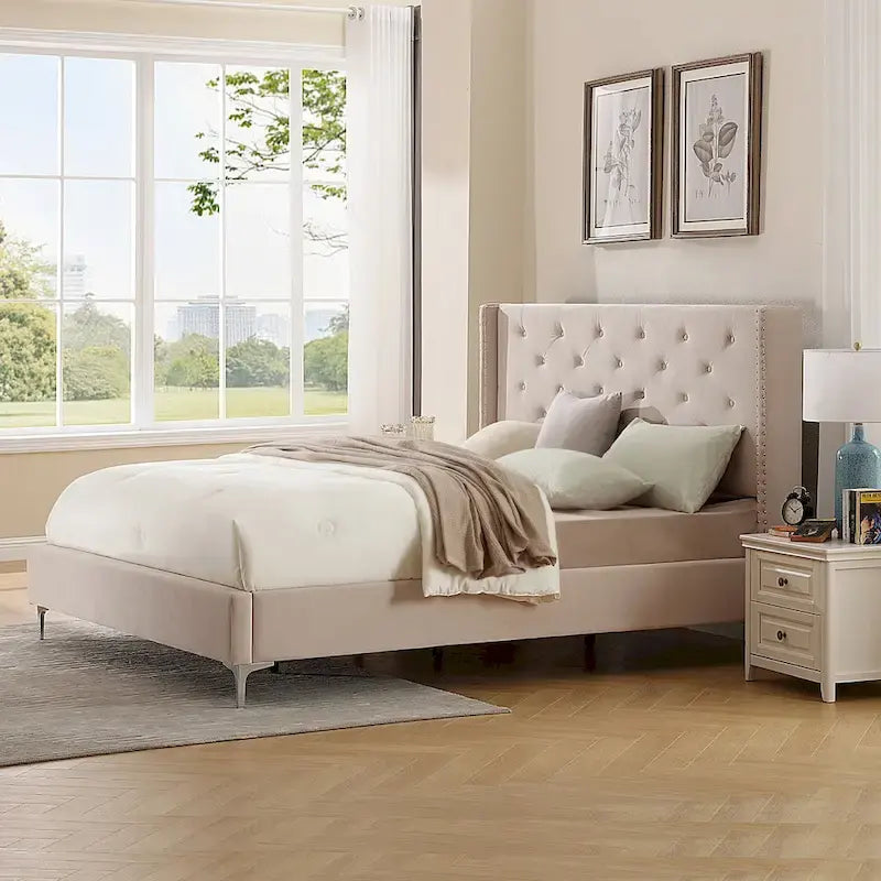 Base de cama tapizada en terciopelo tamaño queen con patas de metal de 6 pulgadas