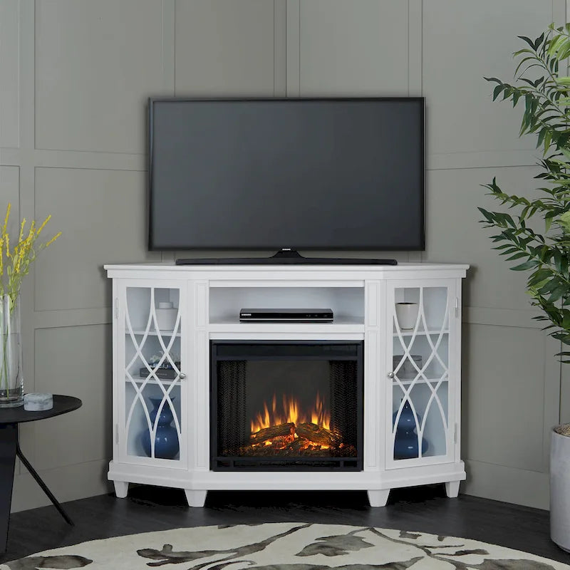 Mueble de TV esquinero de 56 pulgadas con chimenea eléctrica - Blanco
