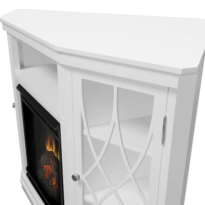 Mueble de TV esquinero de 56 pulgadas con chimenea eléctrica - Blanco