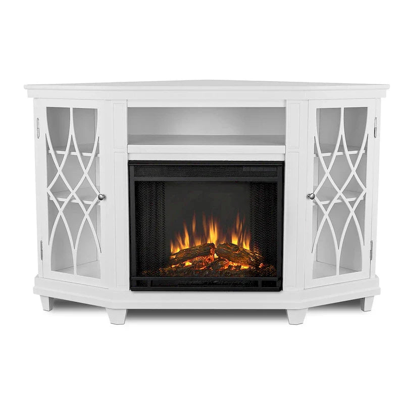 Mueble de TV esquinero de 56 pulgadas con chimenea eléctrica - Blanco