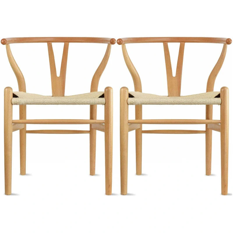 Juego de 2 sillas de comedor de madera con asiento de cuerda tejida