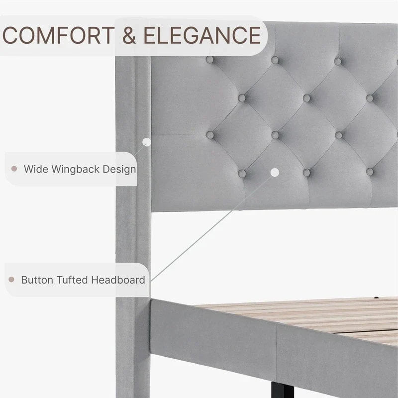 Cama tapizada con plataforma y cabecero capitoné con canales
