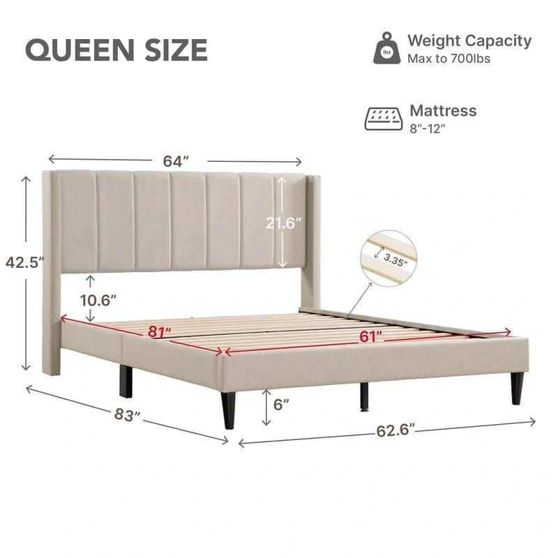 Cama tapizada con plataforma y cabecero capitoné con canales