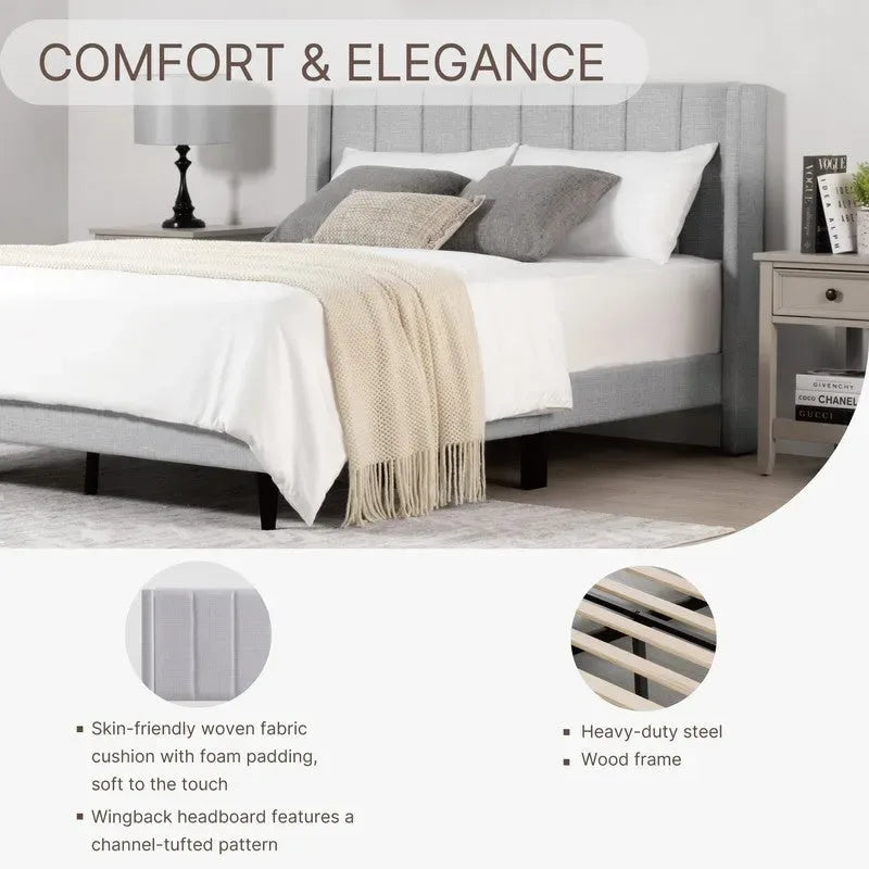 Cama tapizada con plataforma y cabecero capitoné con canales