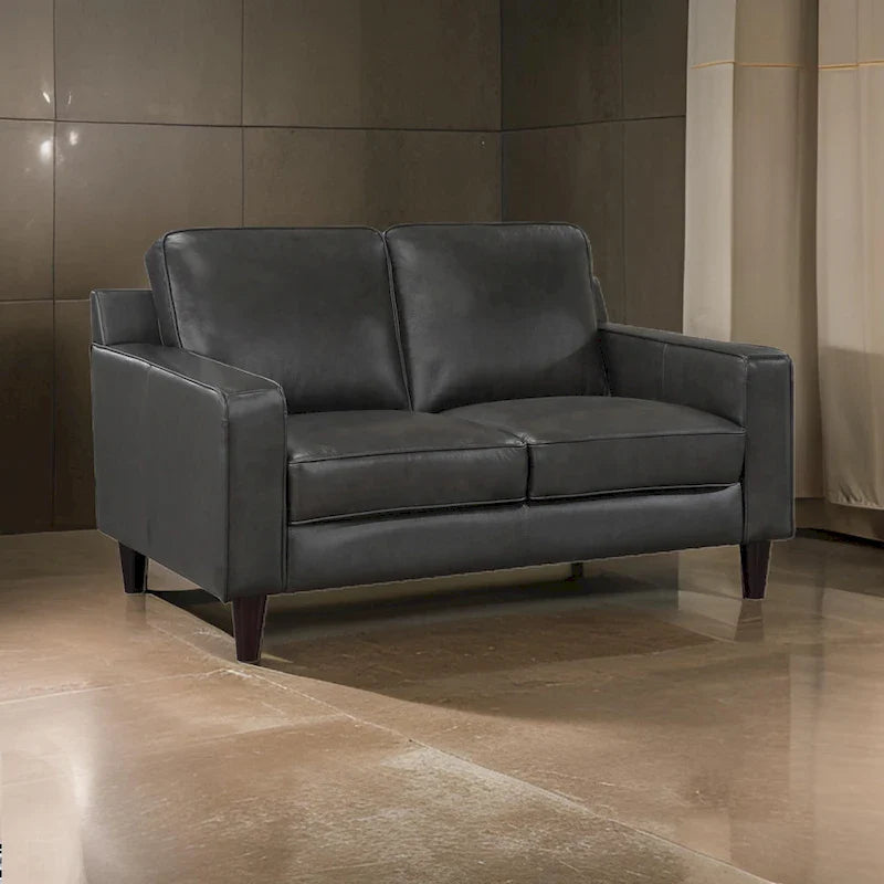 Sofá de dos plazas de 60 pulgadas, piel sintética y de grano superior gris, madera maciza