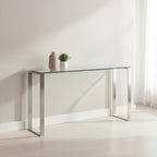 Mesa consola con tapa de cristal y estructura metálica