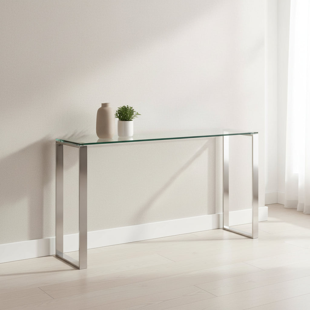 Mesa consola con tapa de cristal y estructura metálica