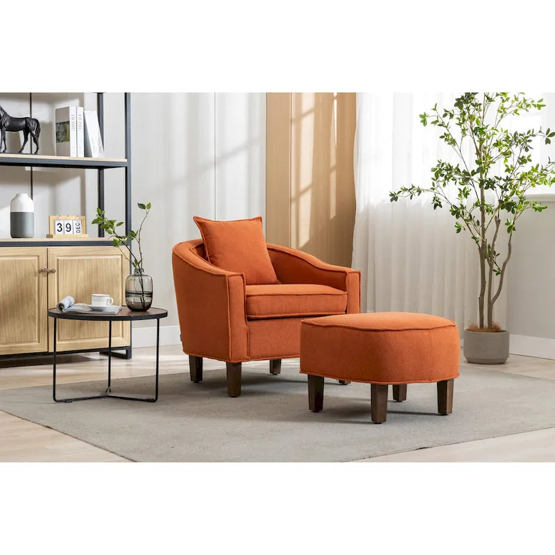 Sillón tapizado tipo barril con otomana