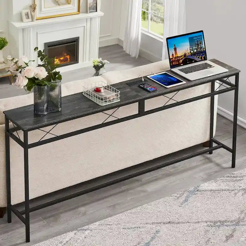 Mesa Consola con Estación de Carga y Puertos USB, Gris Carbón