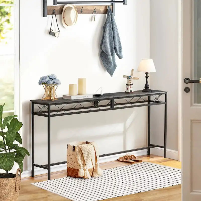 Mesa Consola con Estación de Carga y Puertos USB, Gris Carbón