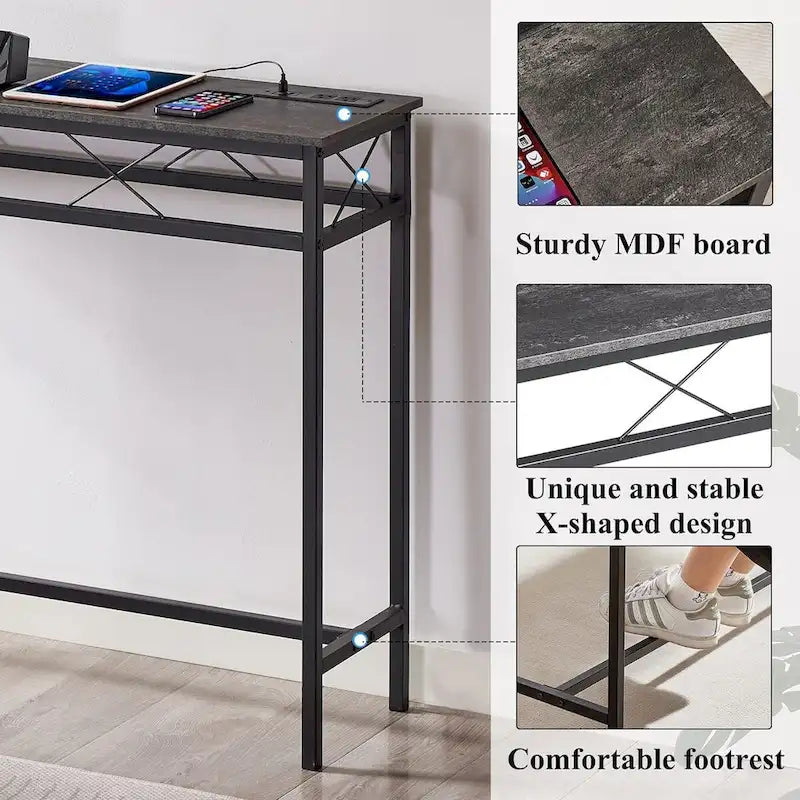 Mesa Consola con Estación de Carga y Puertos USB, Gris Carbón