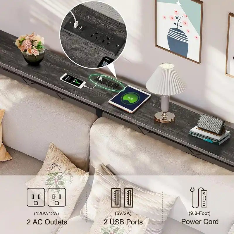 Mesa Consola con Estación de Carga y Puertos USB, Gris Carbón