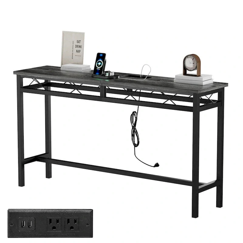 Mesa Consola con Estación de Carga y Puertos USB, Gris Carbón
