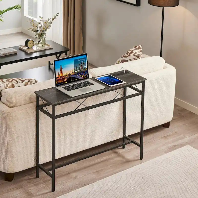 Mesa Consola con Estación de Carga y Puertos USB, Gris Carbón