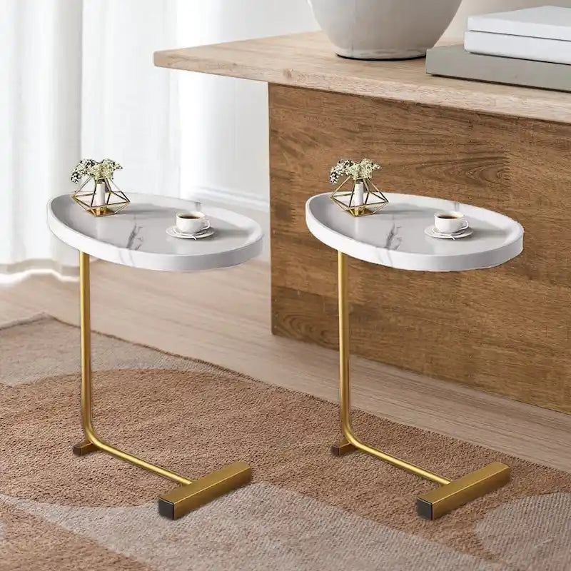 Mesa auxiliar en forma de C con estructura de metal, juego de 2 – Blanco