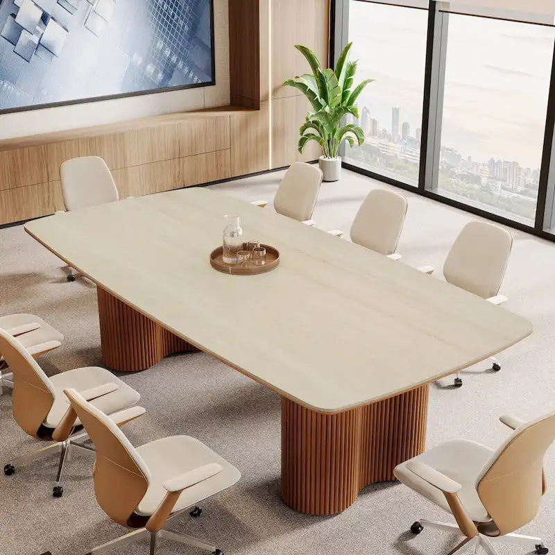 Mesa de conferencias con tablero de piedra sinterizada de 79 pulgadas y base de madera maciza