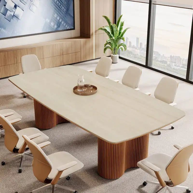 Mesa de conferencias con tablero de piedra sinterizada de 79 pulgadas y base de madera maciza