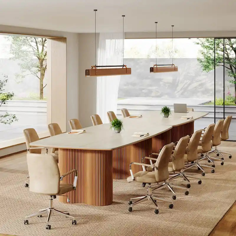 Mesa de conferencias con tablero de piedra sinterizada de 79 pulgadas y base de madera maciza