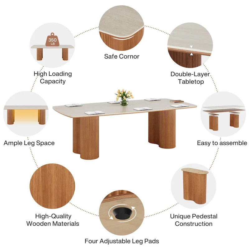 Mesa de conferencias con tablero de piedra sinterizada de 79 pulgadas y base de madera maciza