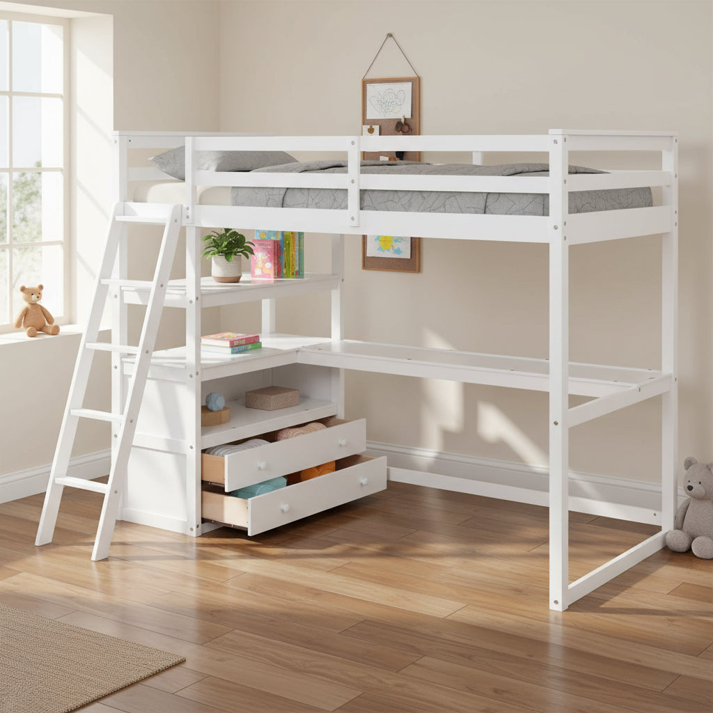 Cama alta individual con escritorio, estantes y dos cajones