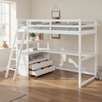 Cama alta individual con escritorio, estantes y dos cajones