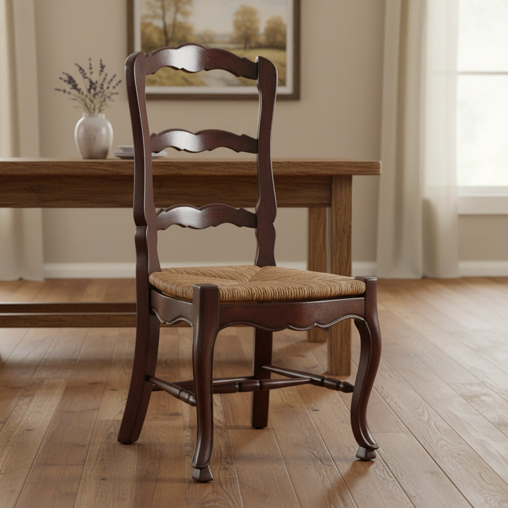 Silla de comedor con respaldo de escalera y patas cabriolé, marrón