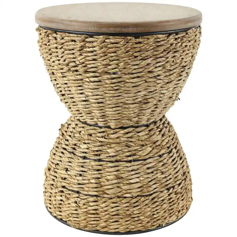 Mesa auxiliar de mimbre tejida a mano con tablero de madera y estructura negra - Marrón claro o marrón