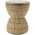 Mesa auxiliar de mimbre tejida a mano con tablero de madera y estructura negra - Marrón claro o marrón