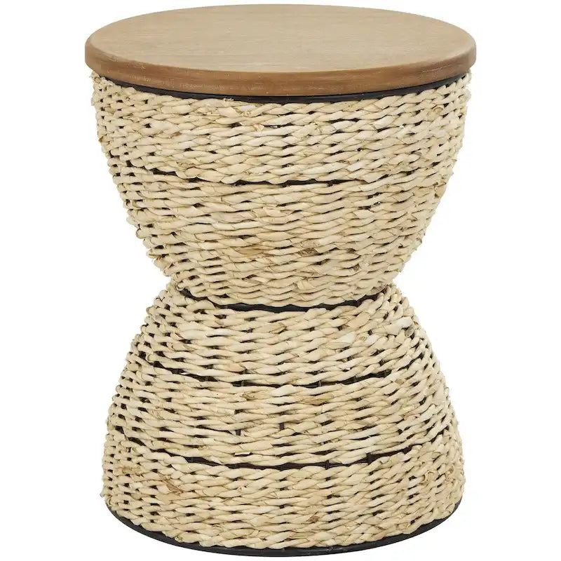 Mesa auxiliar de mimbre tejida a mano con tablero de madera y estructura negra - Marrón claro o marrón