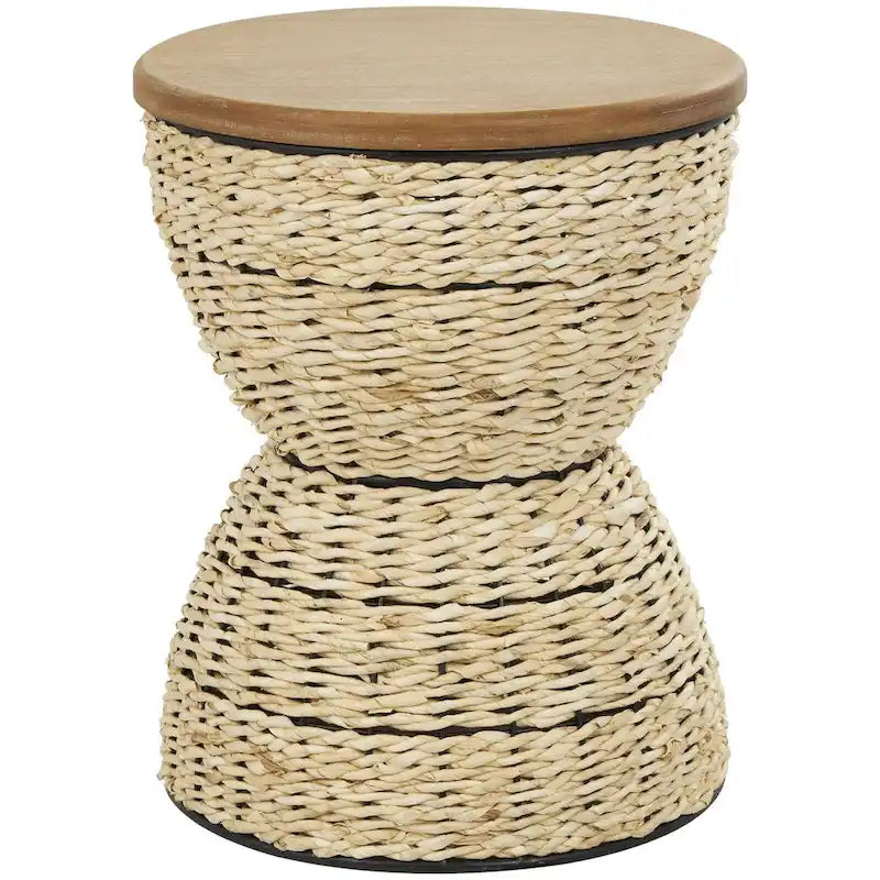 Mesa auxiliar de mimbre tejida a mano con tablero de madera y estructura negra - Marrón claro o marrón