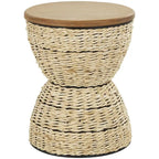 Mesa auxiliar de mimbre tejida a mano con tablero de madera y estructura negra - Marrón claro o marrón