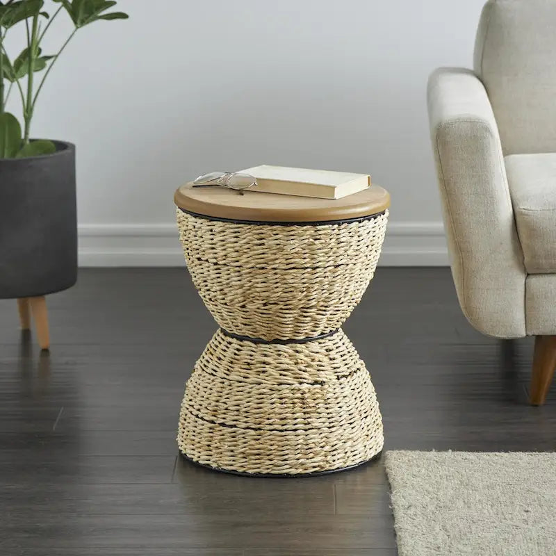 Mesa auxiliar de mimbre tejida a mano con tablero de madera y estructura negra - Marrón claro o marrón