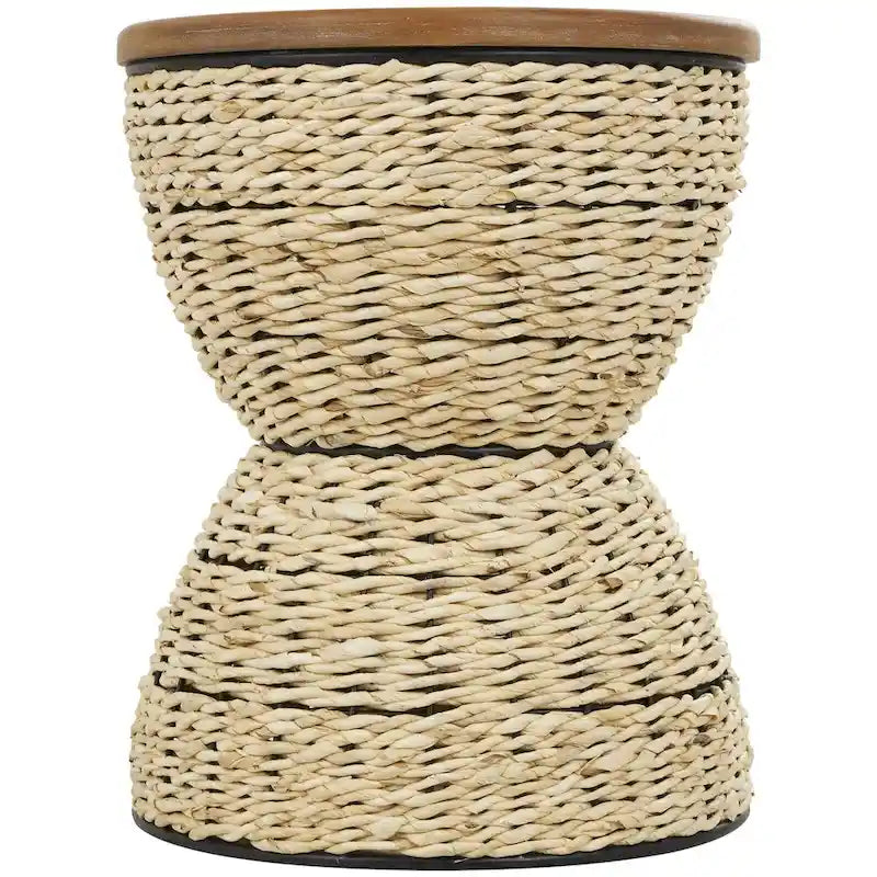 Mesa auxiliar de mimbre tejida a mano con tablero de madera y estructura negra - Marrón claro o marrón
