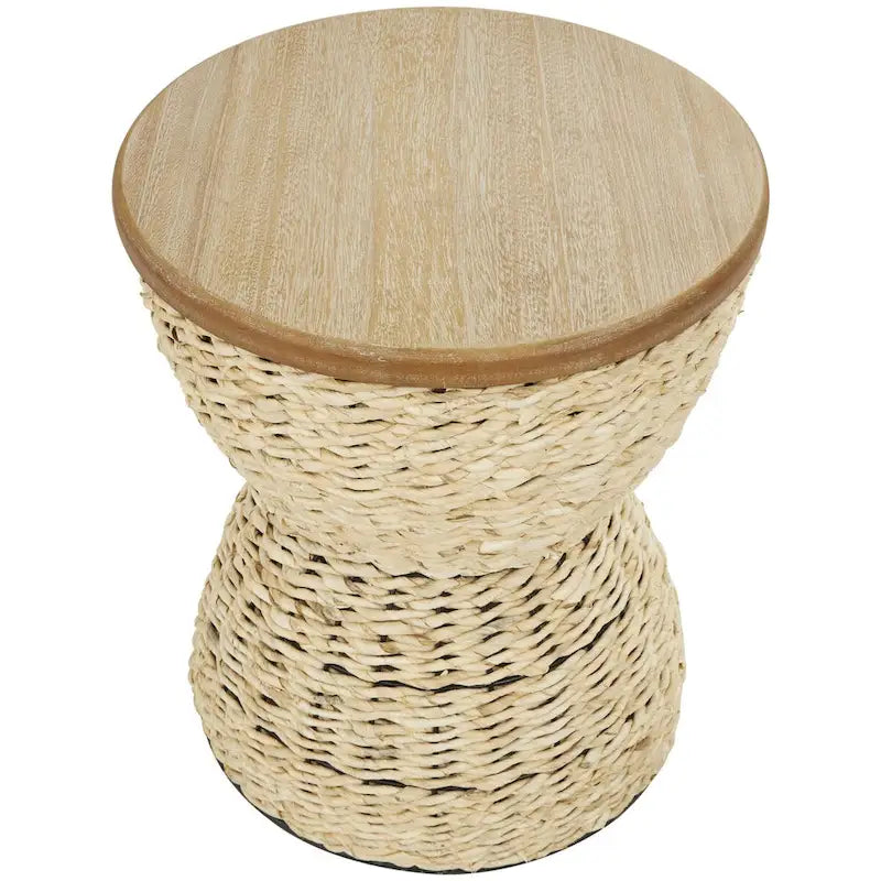 Mesa auxiliar de mimbre tejida a mano con tablero de madera y estructura negra - Marrón claro o marrón