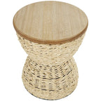Mesa auxiliar de mimbre tejida a mano con tablero de madera y estructura negra - Marrón claro o marrón