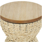 Mesa auxiliar de mimbre tejida a mano con tablero de madera y estructura negra - Marrón claro o marrón