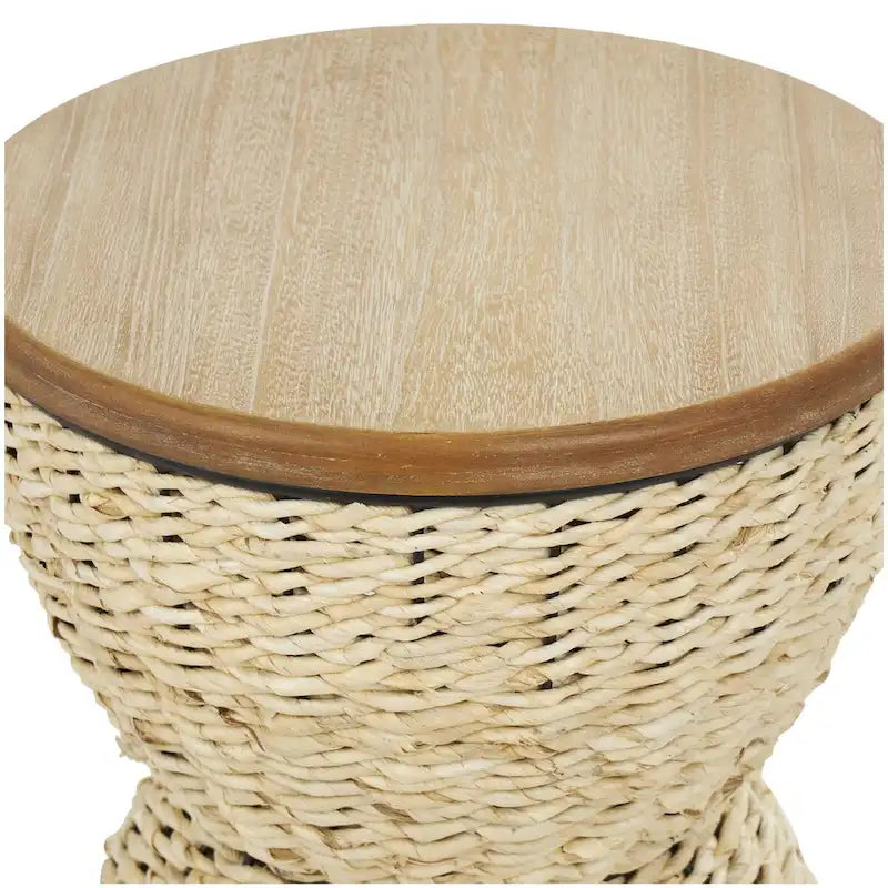 Mesa auxiliar de mimbre tejida a mano con tablero de madera y estructura negra - Marrón claro o marrón
