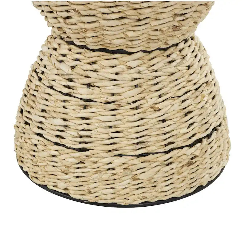 Mesa auxiliar de mimbre tejida a mano con tablero de madera y estructura negra - Marrón claro o marrón